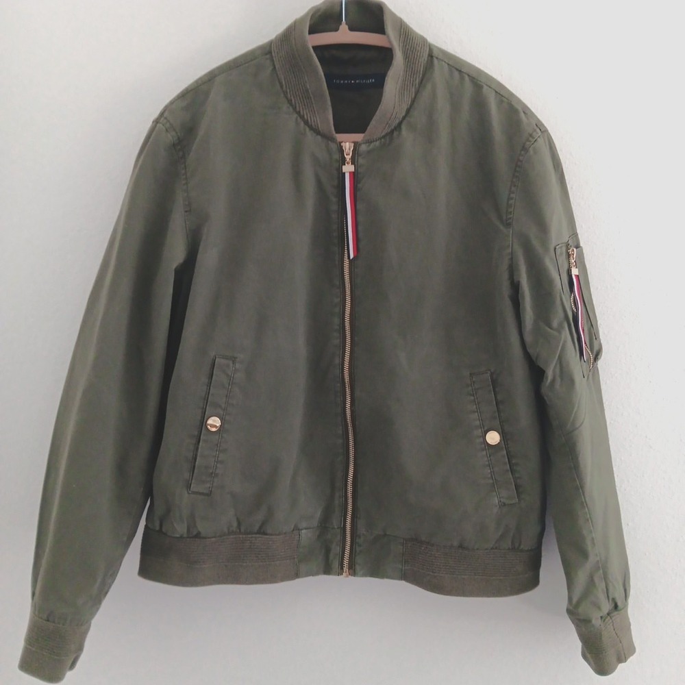 Tommy Hilfiger Canvas Bomber Jacket Womens Medium Green Khaki FLAG Back Retro - Picture 4 of 12